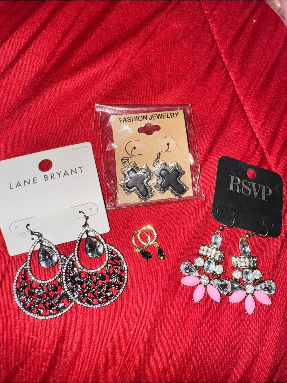 4 Pairs Fashion Earrings Lot Lane Bryant RSVP Cross Crystal Black Pink New Mix